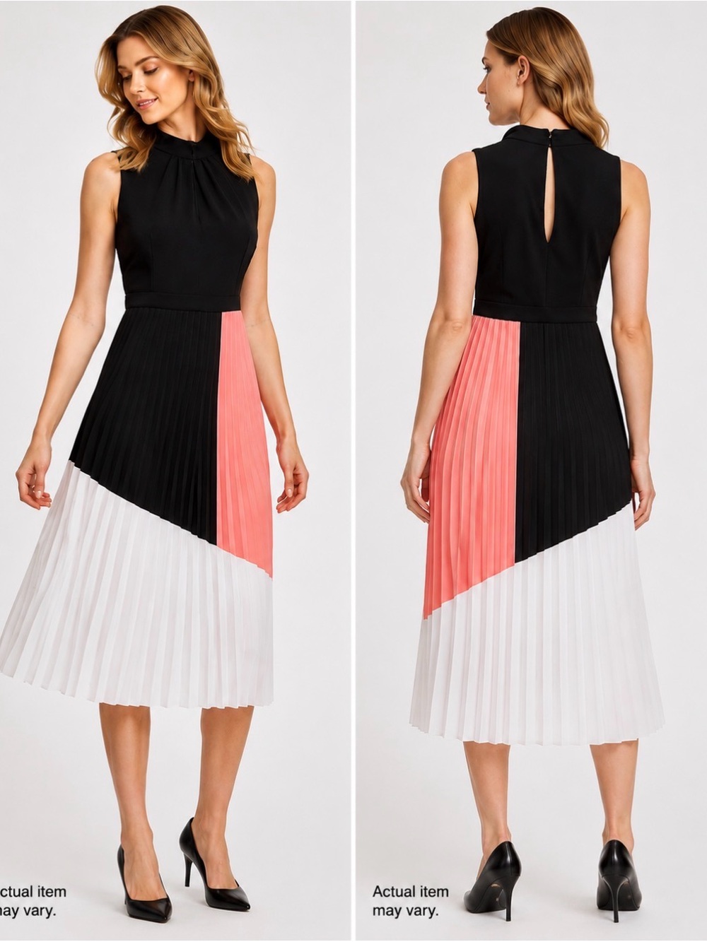 KARL LAGERFELD Colorblock Pleated Midi Dress Black Pink White